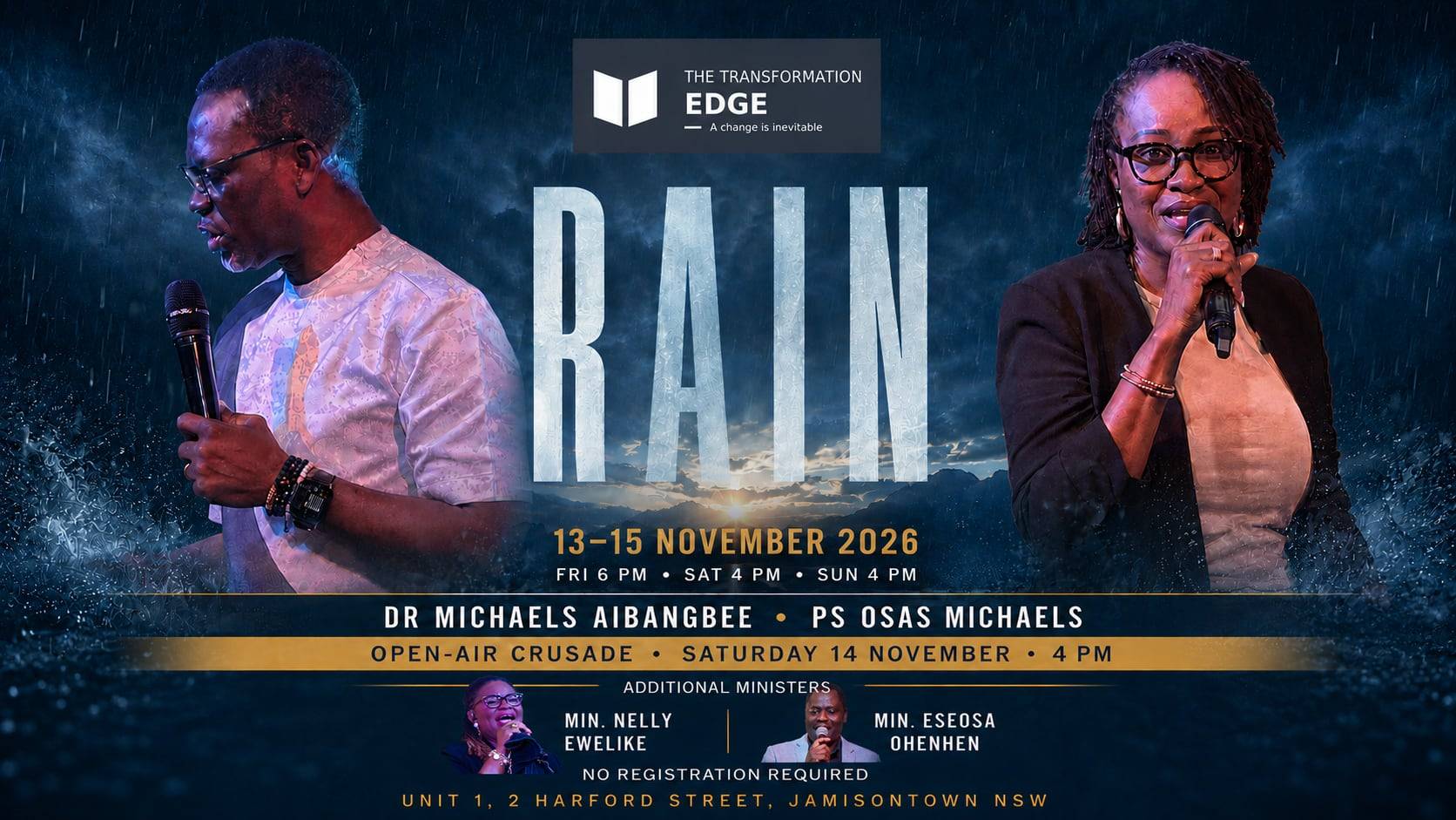 The RAIN 2026 master poster: the Senior Pastors mid-ministry under storm clouds, with ministers Min. Nelly Ewelike and Min. Eseosa Ohenhen, the dates and session times, and the venue.