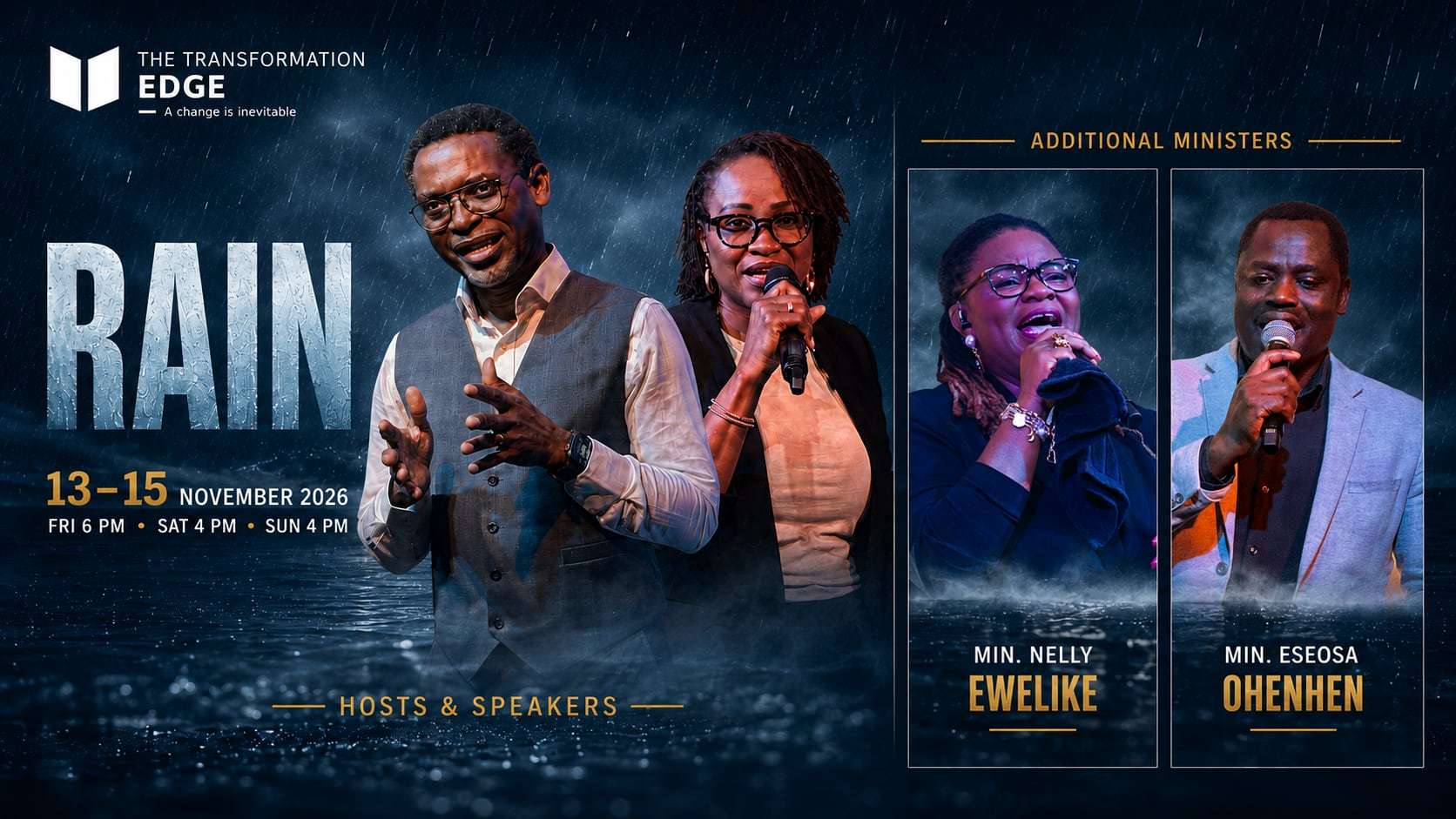 The RAIN 2026 hosts and speakers artwork: the Senior Pastors mid-ministry under storm clouds, with additional ministers Min. Nelly Ewelike and Min. Eseosa Ohenhen.