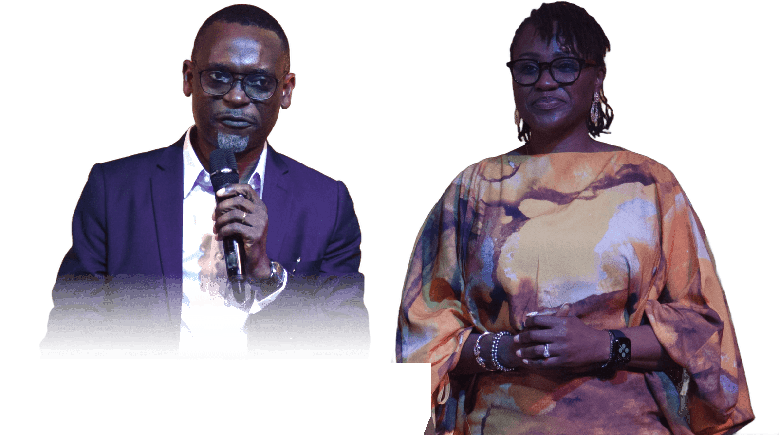 The Senior Pastors, Dr Michaels Aibangbee and Pastor Osas Aibangbee, side by side. Dr Michaels is speaking, microphone in hand.