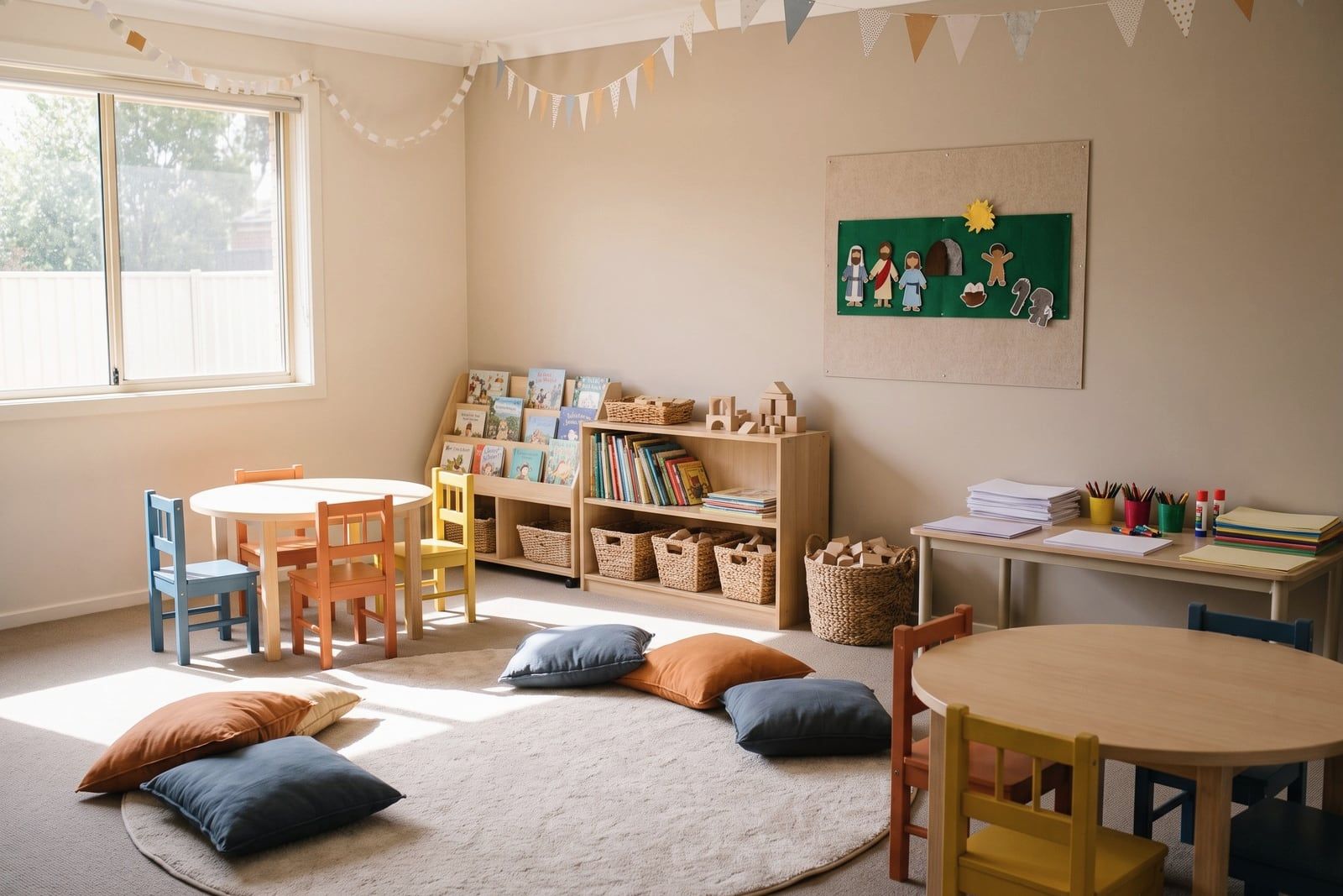 An illustration of a room set up for EdgeKids before anyone arrives: small tables and chairs, a rug with cushions, shelves of picture books and building blocks, and a felt story board on the wall.