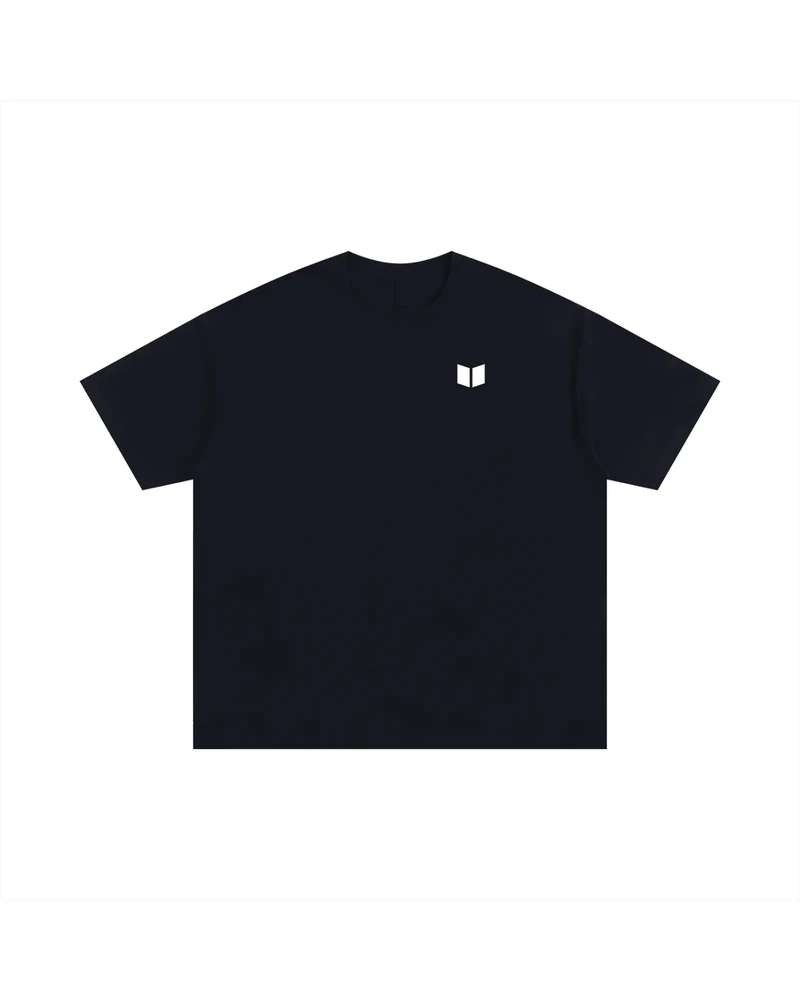 A mockup of the RAIN essential t-shirt in navy, from the front: The Transformation Edge mark, small and white, on the chest.