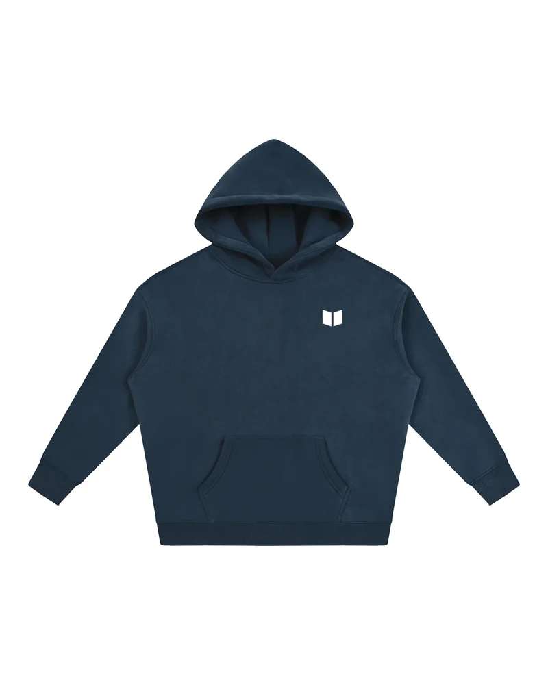 A mockup of the RAIN fleece hoodie in navy, from the front: The Transformation Edge mark, small and white, on the chest.