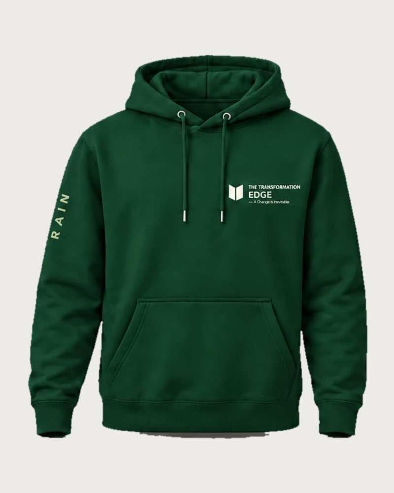 A mockup of the RAIN hooded jumper in forest green, from the front: The Transformation Edge mark on the chest and RAIN down one sleeve.