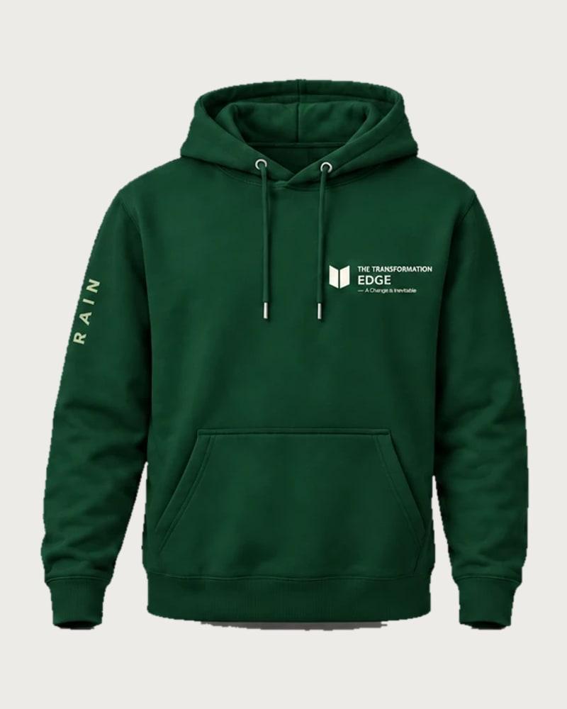 A mockup of the RAIN hooded jumper in forest green, from the front: The Transformation Edge mark on the chest and RAIN down one sleeve.