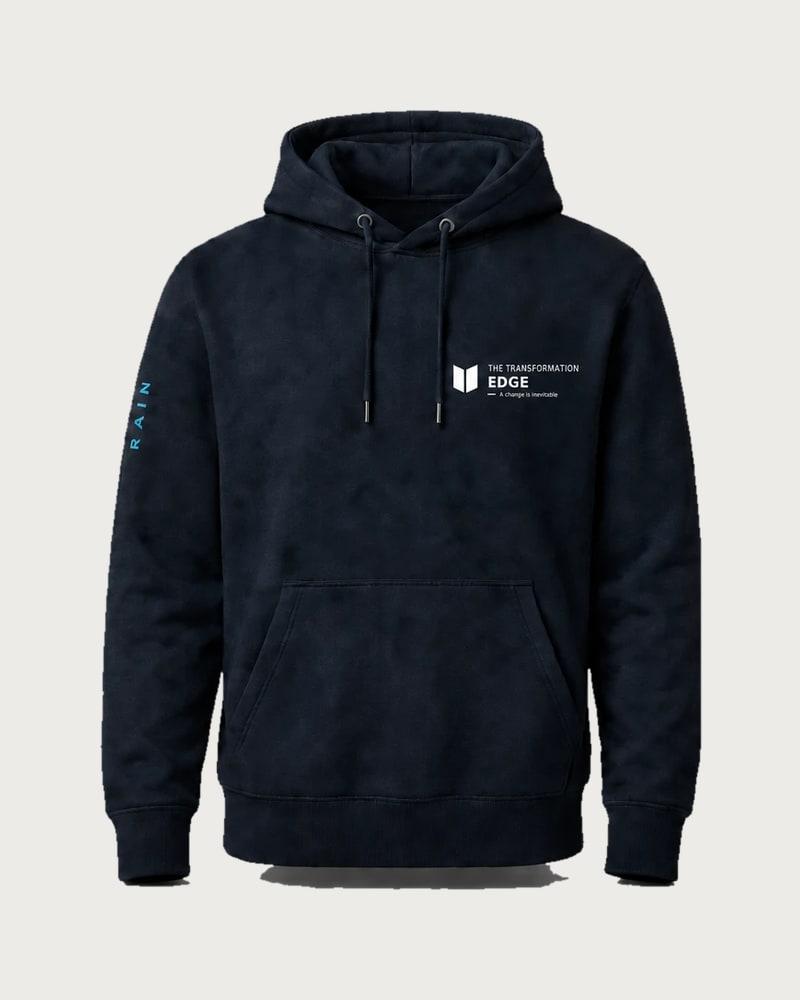 A mockup of the RAIN hooded jumper in navy, from the front: The Transformation Edge mark on the chest and RAIN down one sleeve.