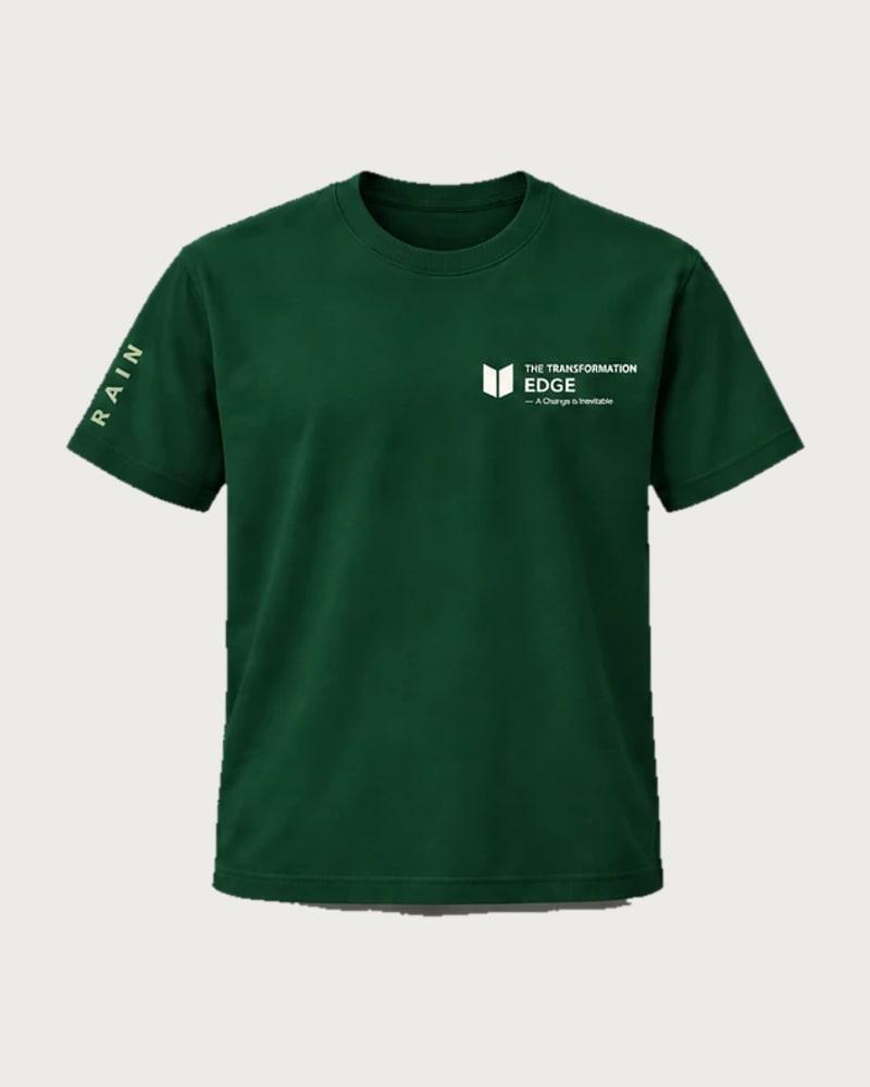 A mockup of the RAIN t-shirt in forest green, from the front: The Transformation Edge mark on the chest and RAIN down one sleeve.