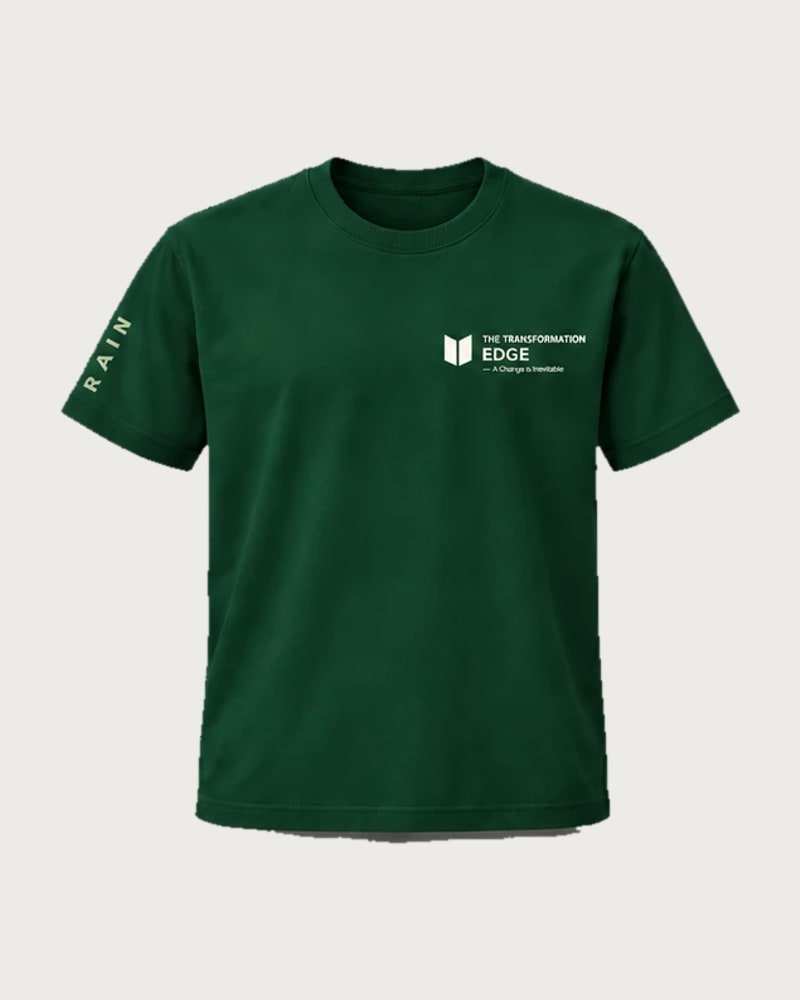 A mockup of the RAIN t-shirt in forest green, from the front: The Transformation Edge mark on the chest and RAIN down one sleeve.